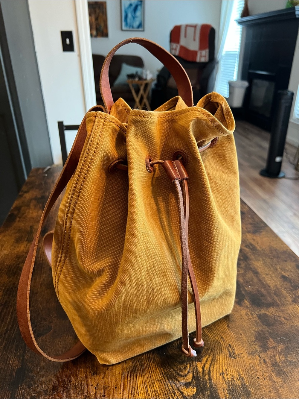 Madewell Mustard Yellow Canvas Drawstring Backpack with Leather Trim - Picture 2 of 7